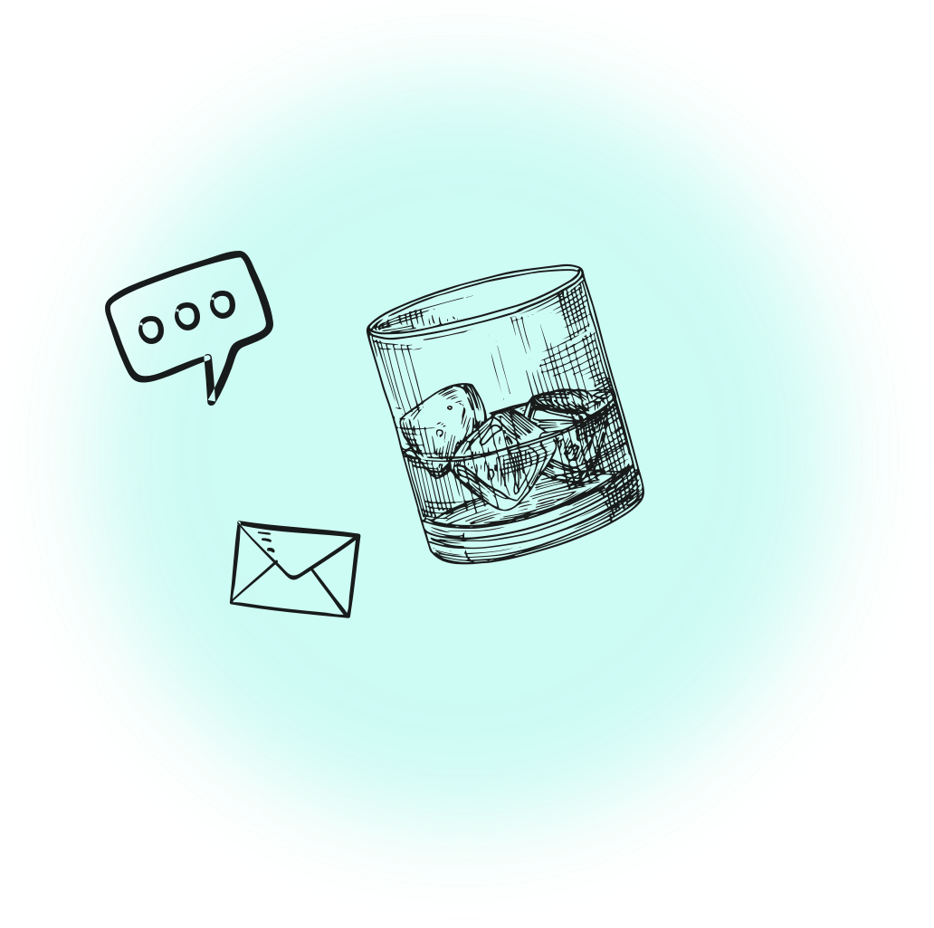 a whisky glass, dialog bubble and a post letter